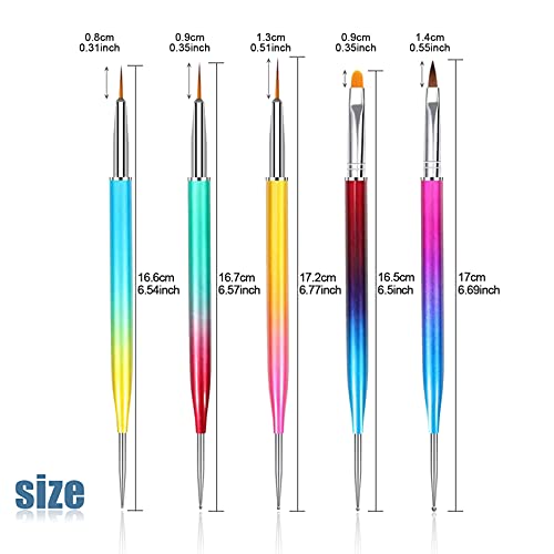 Hanyousheng Pinceles para Uñas, 5 Piezas Cepillo Uñas, Nail Art Arte Diseño Dotting Pen, Pinceles para Uñas Acrilicas, Uv Gel Acrílico Punteado Pincel, Doble Punta Pinceles para Uñas