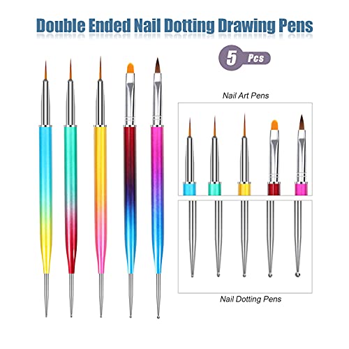 Hanyousheng Pinceles para Uñas, 5 Piezas Cepillo Uñas, Nail Art Arte Diseño Dotting Pen, Pinceles para Uñas Acrilicas, Uv Gel Acrílico Punteado Pincel, Doble Punta Pinceles para Uñas