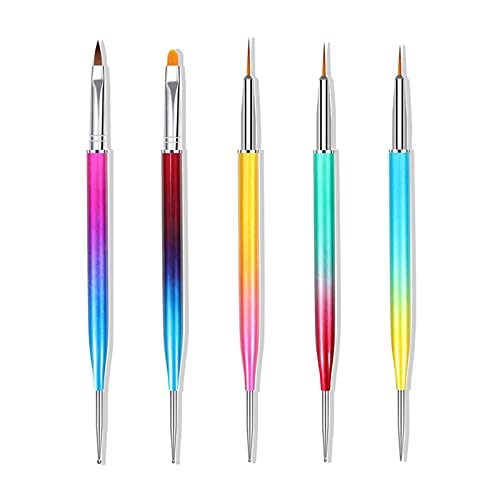 Hanyousheng Pinceles para Uñas, 5 Piezas Cepillo Uñas, Nail Art Arte Diseño Dotting Pen, Pinceles para Uñas Acrilicas, Uv Gel Acrílico Punteado Pincel, Doble Punta Pinceles para Uñas