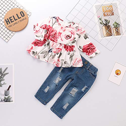 Haokaini 2 Unids/Set Trajes de Conjunto de Trajes de Manga Larga para Bebé Niñas, Top de Estampado Floral + Pantalones Ripped Jeans (Color : White+Blue, Size : 4t)