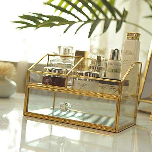 HARLIANGXY - Organizador de cosméticos con cajón - Organizador de maquillaje dorado - Caja de metal y cristal