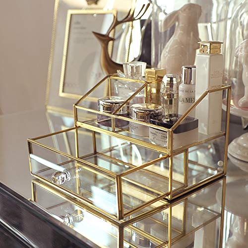 HARLIANGXY - Organizador de cosméticos con cajón - Organizador de maquillaje dorado - Caja de metal y cristal