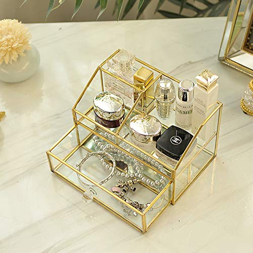 HARLIANGXY - Organizador de cosméticos con cajón - Organizador de maquillaje dorado - Caja de metal y cristal