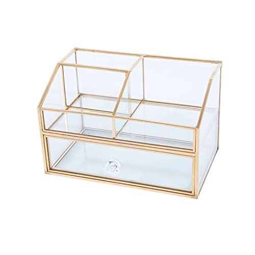 HARLIANGXY - Organizador de cosméticos con cajón - Organizador de maquillaje dorado - Caja de metal y cristal