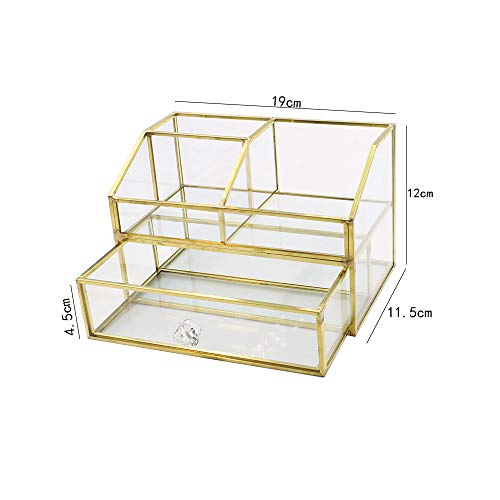 HARLIANGXY - Organizador de cosméticos con cajón - Organizador de maquillaje dorado - Caja de metal y cristal