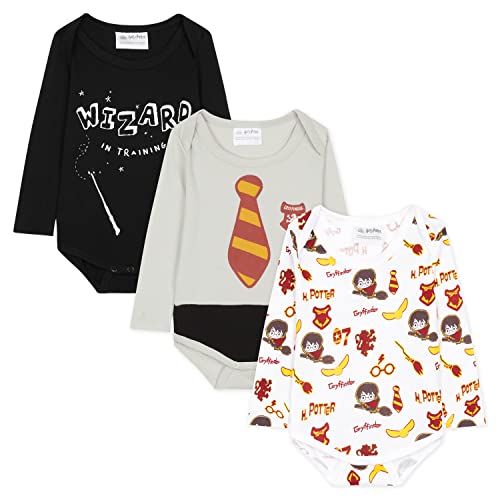 HARRY POTTER Body Bebe Manga Larga, Ropa Bebe 100% Algodón, Regalos Bebe Recien Nacido Pack de 3 (6-9 Meses)