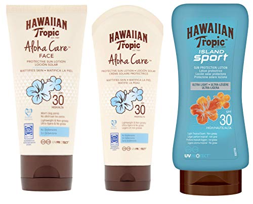 HAWAIIAN Tropic Aloha Sport Care, Solar Spf 30 Sin Oxibenzona + Facial Spf 30 Sin Obstrucción de Poros + Loción Solar Deportiva Spf 0 Antisudor, Crema, 3 Unidades
