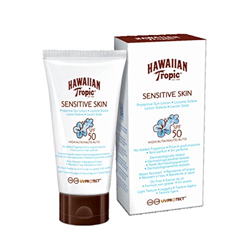 Hawaiian Tropic Sensitive Skin Body - Loción Solar Protectora para Cuerpo especial para Piel Sensible con protección Muy Alta SPF 50, fórmula No Grasa y resistente al agua, formato Corporal 90 ml