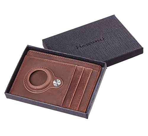 Hawanik Cartera delgada minimalista con bolsillo frontal con soporte incorporado para AirTag, Piel auténtica marrón, M, Minimalista