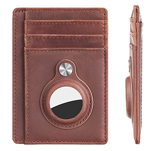 Hawanik Cartera delgada minimalista con bolsillo frontal con soporte incorporado para AirTag, Piel auténtica marrón, M, Minimalista