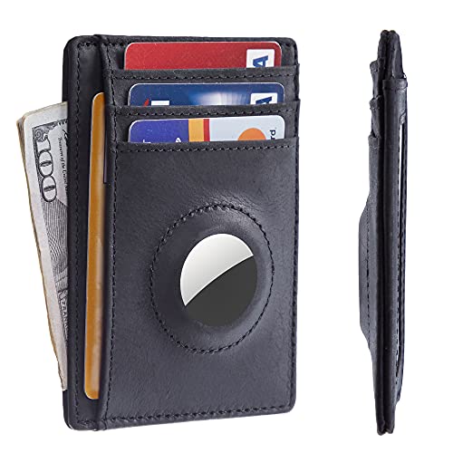 Hawanik Soporte para AirTag Wallet genuino Leahter Slim Minimalista titular de la tarjeta compatible con AirTag Crazy Horse Leather Versión mejorada, Negro, Minimalista