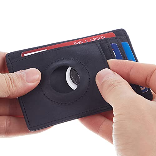 Hawanik Soporte para AirTag Wallet genuino Leahter Slim Minimalista titular de la tarjeta compatible con AirTag Crazy Horse Leather Versión mejorada, Negro, Minimalista