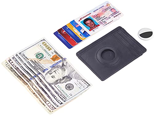 Hawanik Soporte para AirTag Wallet genuino Leahter Slim Minimalista titular de la tarjeta compatible con AirTag Crazy Horse Leather Versión mejorada, Negro, Minimalista