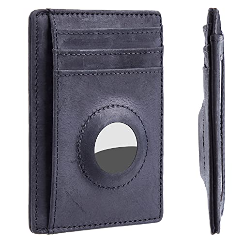 Hawanik Soporte para AirTag Wallet genuino Leahter Slim Minimalista titular de la tarjeta compatible con AirTag Crazy Horse Leather Versión mejorada, Negro, Minimalista