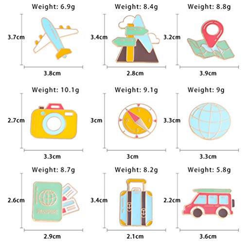 HEALLILY 9 Piezas Broches de Dibujos Animados Broches de Aleación de Esmalte Pin de Solapa Broches de Viaje Brújula Plano Señal de Tráfico para Ropa Bolsa Joyería Regalos Patrón Aleatorio