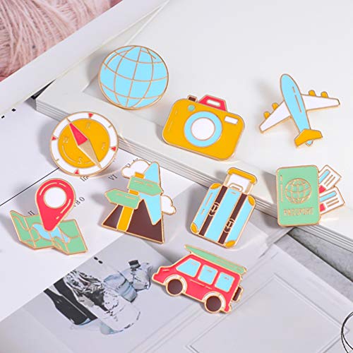 HEALLILY 9 Piezas Broches de Dibujos Animados Broches de Aleación de Esmalte Pin de Solapa Broches de Viaje Brújula Plano Señal de Tráfico para Ropa Bolsa Joyería Regalos Patrón Aleatorio