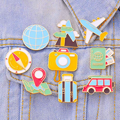 HEALLILY 9 Piezas Broches de Dibujos Animados Broches de Aleación de Esmalte Pin de Solapa Broches de Viaje Brújula Plano Señal de Tráfico para Ropa Bolsa Joyería Regalos Patrón Aleatorio