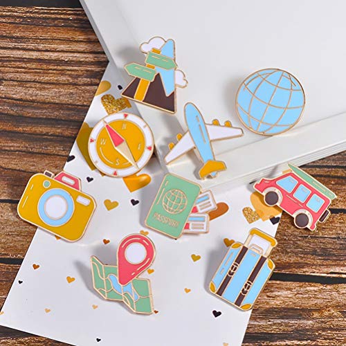 HEALLILY 9 Piezas Broches de Dibujos Animados Broches de Aleación de Esmalte Pin de Solapa Broches de Viaje Brújula Plano Señal de Tráfico para Ropa Bolsa Joyería Regalos Patrón Aleatorio