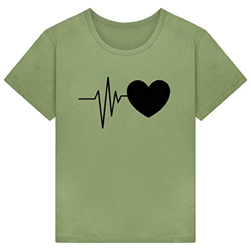 heekpek Camisetas Mujer Verano Manga Corta Casual Camiseta Holgada con Estampado de Amor y Labios T-Shirt Mujer Short Sleeve Shirt, Aceituna, L