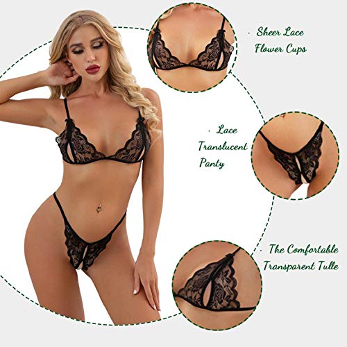 heekpek Conjunto Lencería Mujer Sexy Encaje Ropa de Dormir Sexy Mujer Lingerie Bordado Ropa Interior Sujetador Transparente Triangular y Tanga Sexy Dessous Set