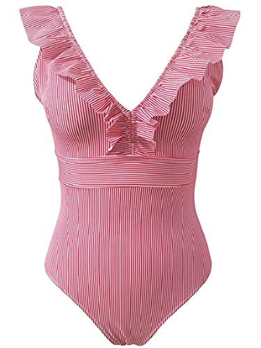 heekpek Traje De Baño Mujer Una Pieza Moda Monokini Push Up Brasileño Rayas Floral Impresión Baño Bañador Traje Bikini Bañadores De Mujer Tallas Grandes Ropa de Baño Cuello en V