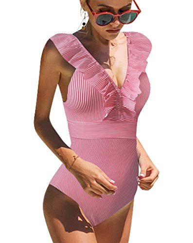 heekpek Traje De Baño Mujer Una Pieza Moda Monokini Push Up Brasileño Rayas Floral Impresión Baño Bañador Traje Bikini Bañadores De Mujer Tallas Grandes Ropa de Baño Cuello en V