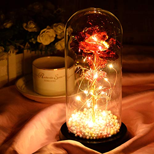 Heerda Rosa Eterna, Representa el Amor Eterno, Elegante Cúpula de Cristal con Base de Madera Luces LED Ideal para el Día De San Valentín/Día de La Madre/Aniversario/Boda/Regalo