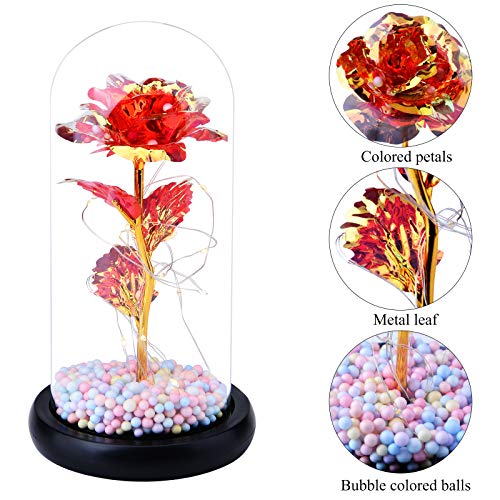 Heerda Rosa Eterna, Representa el Amor Eterno, Elegante Cúpula de Cristal con Base de Madera Luces LED Ideal para el Día De San Valentín/Día de La Madre/Aniversario/Boda/Regalo