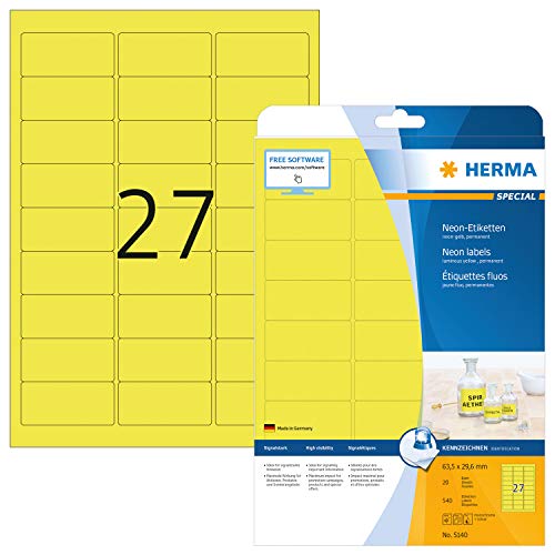 HERMA 5140 - Pack de 540 Etiquetas, 63.5 x 29.6 mm, Color Amarillo Fluorescente