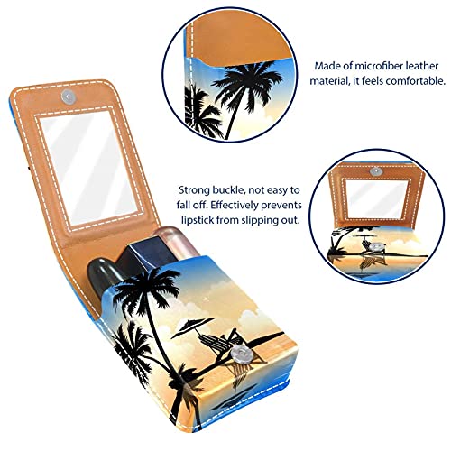 Hermoso lápiz labial de fondo de palmera de verano para lápiz labial exterior para monedero, mini bolsa de lápiz labial, bolsa de cosméticos de viaje con espejo para mujer toma hasta 3 pintalabios