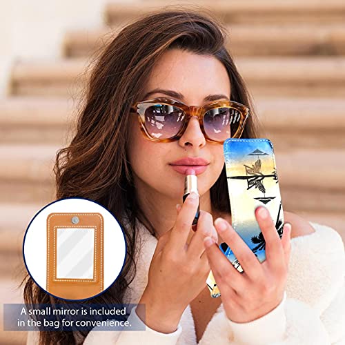 Hermoso lápiz labial de fondo de palmera de verano para lápiz labial exterior para monedero, mini bolsa de lápiz labial, bolsa de cosméticos de viaje con espejo para mujer toma hasta 3 pintalabios