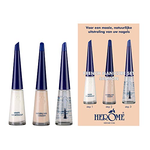 Herome - Set de Manicura Francesa Salmón, 3 x 10 ml | Kit Esmalte Manicura Francesa con Base Rosa Suave, Fórmula Fortalecedora Máxima Protección ante Desgarro