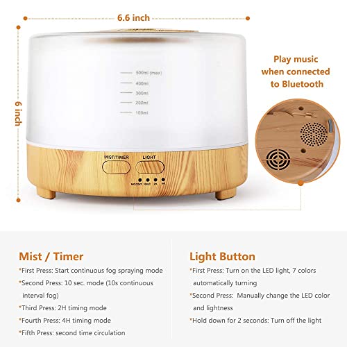 Hianjoo Humidificador Ultrasónico Aroma Difusor 500 ml Difusore Aromaterapia Lámpara 7 LED Colorida con Función de Altavoz de Control Remoto para Yoga Salon Spa Vivir Dormir Bañarse Hotel, Marrón