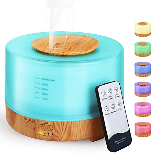 Hianjoo Humidificador Ultrasónico Aroma Difusor 500 ml Difusore Aromaterapia Lámpara 7 LED Colorida con Función de Altavoz de Control Remoto para Yoga Salon Spa Vivir Dormir Bañarse Hotel, Marrón