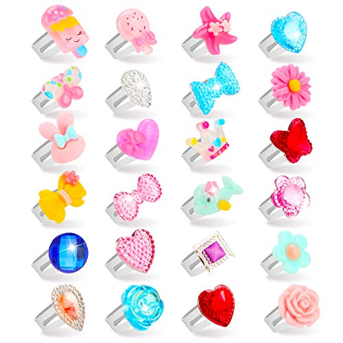 Hifot Anillos niñas 24 Piezas, Ajustables Princesa Joyas Anillos de Dedo con Caja en Forma de corazón, fingir Jugar y Vestir Anillos para niñas pequeñas