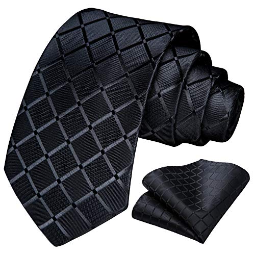 HISDERN Comprobar lazo de la boda Pa?uelo Hombres Corbata & Plaza de bolsillo Conjunto negro