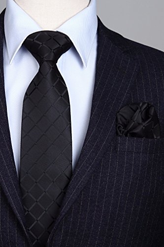 HISDERN Comprobar lazo de la boda Pa?uelo Hombres Corbata & Plaza de bolsillo Conjunto negro