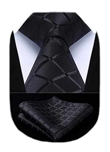 HISDERN Comprobar lazo de la boda Pa?uelo Hombres Corbata & Plaza de bolsillo Conjunto negro