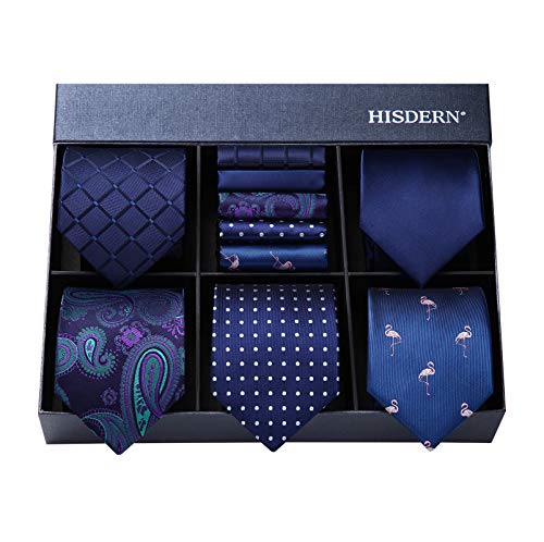 HISDERN Lote 5 PCS Clasico Formal Elegante Hombres Corbata de seda Set Corbata & Panuelo de bolsillo - Conjuntos multiples