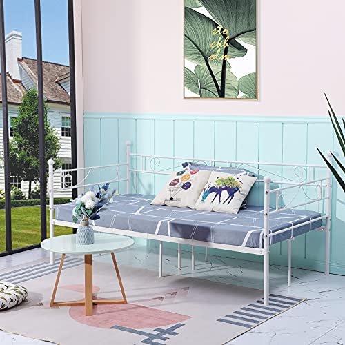 H.J WeDoo Cama Individual de Metal Diván Metal para Niños Habitación Habitación Dormitorio Balcón Jardín Cama 95 x 195 cm Blanco