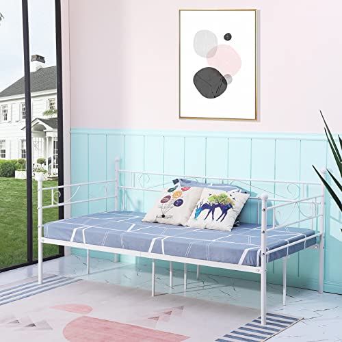 H.J WeDoo Cama Individual de Metal Diván Metal para Niños Habitación Habitación Dormitorio Balcón Jardín Cama 95 x 195 cm Blanco