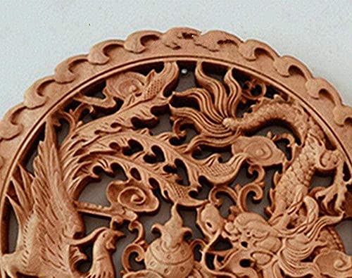 HJUYV-ERT Estatuas y estatuillas Adornos Dragón y Fénix tallados a Mano Madera de alcanfor auspicioso Tablero Redondo Tallas de Pared Suerte Decoración del hogar Regalo
