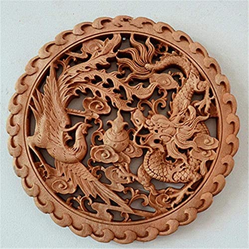 HJUYV-ERT Estatuas y estatuillas Adornos Dragón y Fénix tallados a Mano Madera de alcanfor auspicioso Tablero Redondo Tallas de Pared Suerte Decoración del hogar Regalo