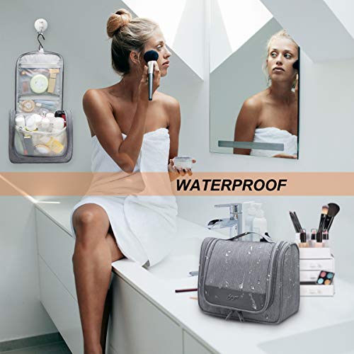 HNOOM Neceser de Viaje, Neceser Maquillaje Grande para Hombre y Mujer, Bolsa Maquillaje Plegable Bolsa de Aseo Impermeable para Colgar (Gris)
