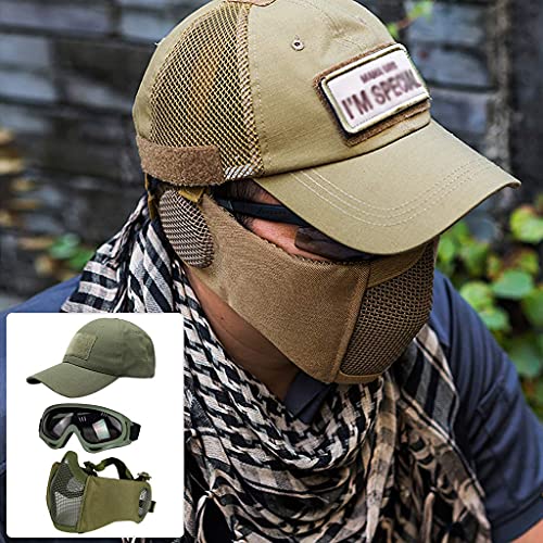 Hodeacc Juego de 3 máscaras tácticas de airsoft para béisbol,máscara de malla de media cara ajustable con protección para los oídos,gafas anti UV,gafas de airsoft para aire libre