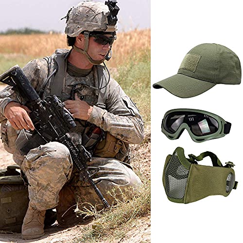 Hodeacc Juego de 3 máscaras tácticas de airsoft para béisbol,máscara de malla de media cara ajustable con protección para los oídos,gafas anti UV,gafas de airsoft para aire libre