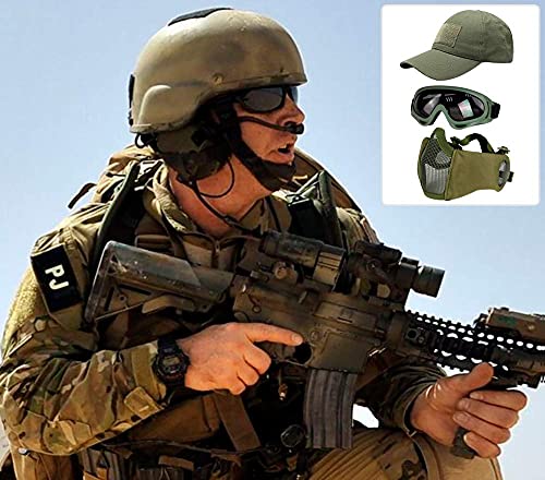 Hodeacc Juego de 3 máscaras tácticas de airsoft para béisbol,máscara de malla de media cara ajustable con protección para los oídos,gafas anti UV,gafas de airsoft para aire libre