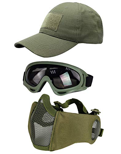 Hodeacc Juego de 3 máscaras tácticas de airsoft para béisbol,máscara de malla de media cara ajustable con protección para los oídos,gafas anti UV,gafas de airsoft para aire libre