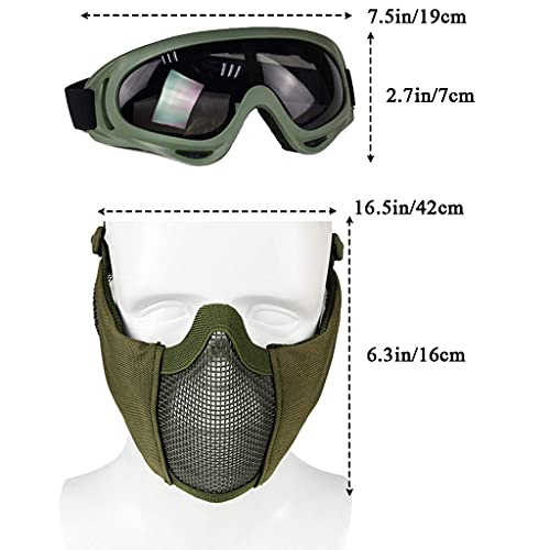 Hodeacc Juego de 3 máscaras tácticas de airsoft para béisbol,máscara de malla de media cara ajustable con protección para los oídos,gafas anti UV,gafas de airsoft para aire libre