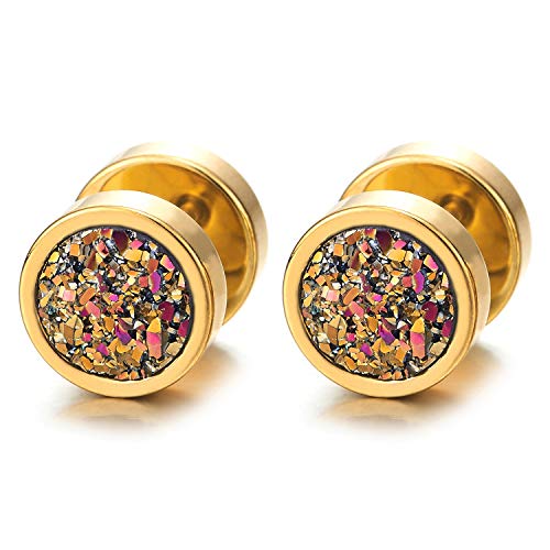 Hombre Mujer Acero Oro Círculo Pendientes con Arco iris Resplandecer, Enchufe Falso Fake Cheater Plugs Gauges 2 Piezas